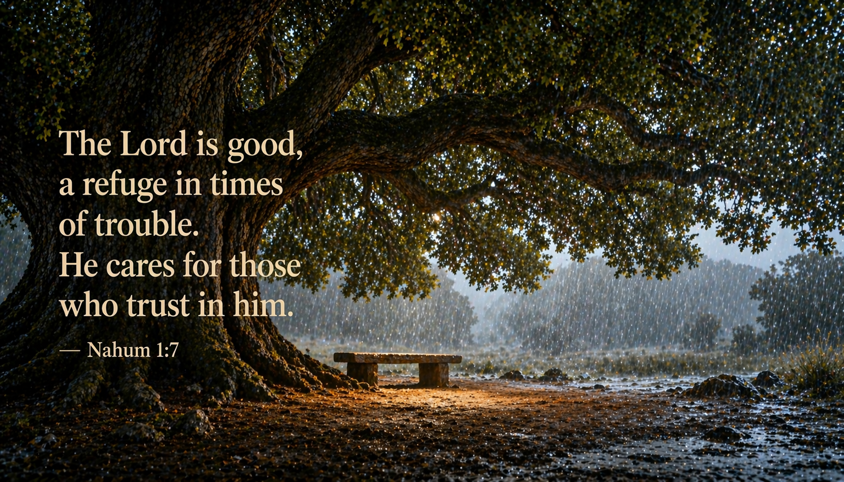 Nahum 1:7 wallpaper great oak tree providing shelter from rain - Lord is good refuge in trouble